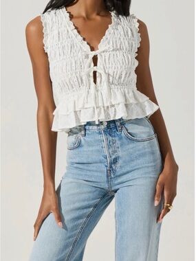 Astr White Eyelet Smocked Tie-Front Ruffle Camisole